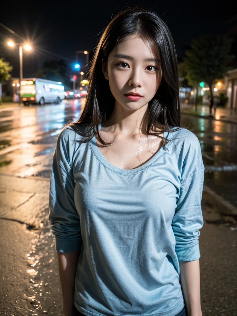 (a girl in wet clothes,rainy night,dilapidated in the street),(best quality,highres,ultra-detailed,realistic),(portraits,photography),(cool blue tone),(soft and dim lighting)