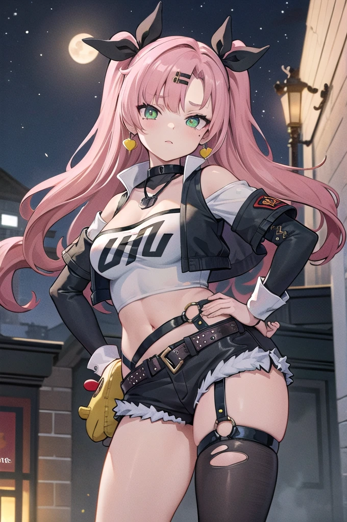 masterpiece, best quality, ultra-detailed, extremely detailed,illustration, 1girl, nicole demara, hair ribbon, hairclip, earrings, black collar, tube top, single thighhigh, short shorts, cropped jacket, belt, thigh strap, detached sleeves, doll, standing, hand on hip, cowboy shot, night street, moon 