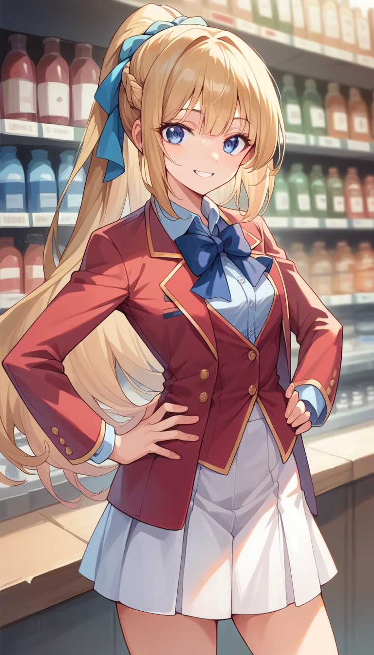 masterpiece, best quality, highres, ponytail hair, (single braid:1.2), hair ribbon, red blazer,buttoned blazer, blue bowtie, long sleeves, white skirt, standing put hands on hip,smile,cowboy shot, in cosmetic shop