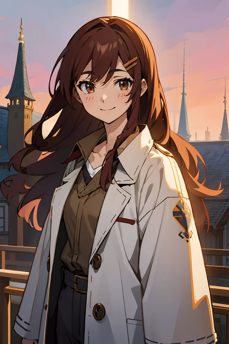 (masterpiece, best quality:1.2), shion shishibe, 1girl, buttons, coat, jacket, long sleeves, open clothes, open jacket, pants, shirt, solo, white jacket, brown eyes, reddish brown hair, coat, collarbone, hair ornament, jacket, labcoat, long hair, upper body, background with((village, old houses, outdoors, folk, fantasy world, castle, beautiful sky, shining sky, sunshine))