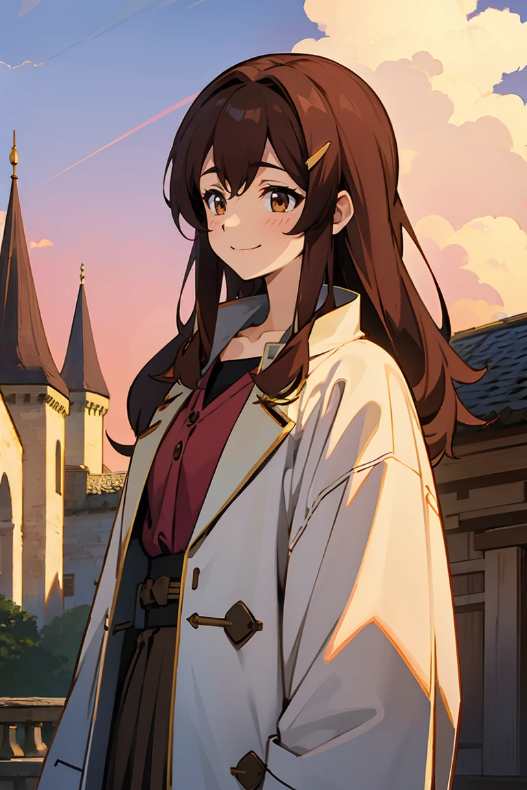 (masterpiece, best quality:1.2), shion shishibe, 1girl, buttons, coat, jacket, long sleeves, open clothes, open jacket, pants, shirt, solo, white jacket, brown eyes, reddish brown hair, coat, collarbone, hair ornament, jacket, labcoat, long hair, upper body, background with((village, old houses, outdoors, folk, fantasy world, castle, beautiful sky, shining sky, sunshine))