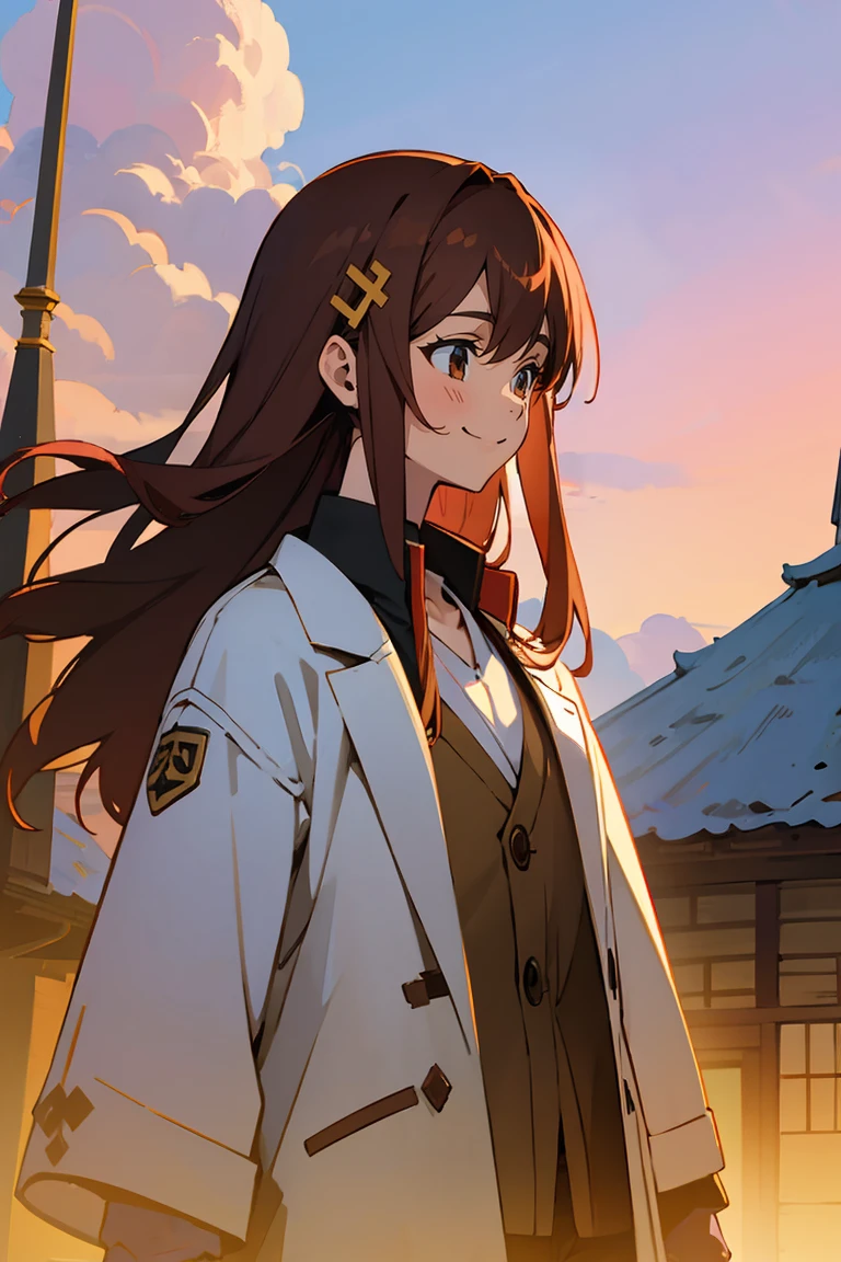 (masterpiece, best quality:1.2), shion shishibe, 1girl, buttons, coat, jacket, long sleeves, open clothes, open jacket, pants, shirt, solo, white jacket, brown eyes, reddish brown hair, coat, collarbone, hair ornament, jacket, labcoat, long hair, upper body, background with((village, old houses, outdoors, folk, fantasy world, castle, beautiful sky, shining sky, sunshine))