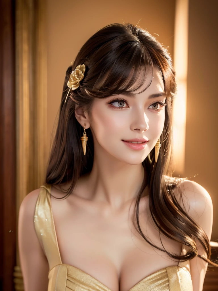 beautiful woman, narrow waist, perfect figure, beautiful eyes, long eyelashes, lustrous lips, perfect body, beautiful skin, (best quality,4k,8k,highres,masterpiece:1.2),ultra-detailed,(realistic,photorealistic,photo-realistic:1.37), cinematic scene, beautiful smile, fashion model, long chestnut hair, attractive clothing, beautiful ornaments