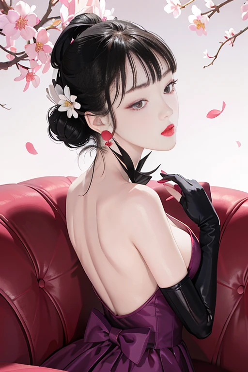 tsuruta ichiro, Narrow-eyed, 1girl in, Allback、deadpan、short-hair、shorth hair、brow、Reluctance、A dark-haired、Tucked Hair Solo, Cowgirl, Onepiece, ((mideum breasts)), Thin slit eyes、Black eyes, Light shines on the eyes、Black hair, gloves, Dress, Luxurious Jewelry, earrings, sharp eye、 elbow groves,Raise your hands and tie your hair back, random color, random color dress, Makeup for long eyes, Slender eyes、lip stick, Complex petal pattern, Rim Light, Back Light, pastel color,Studio Lighting