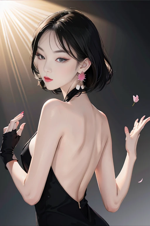 tsuruta ichiro, Narrow-eyed, 1girl in, Allback、deadpan、short-hair、shorth hair、brow、Reluctance、A dark-haired、Tucked Hair Solo, Cowgirl, Onepiece, ((mideum breasts)), Thin slit eyes、Black eyes, Light shines on the eyes、Black hair, gloves, Dress, Luxurious Jewelry, earrings, sharp eye、 elbow groves,Raise your hands and tie your hair back, random color, random color dress, Makeup for long eyes, Slender eyes、lip stick, Complex petal pattern, Rim Light, Back Light, pastel color,Studio Lighting