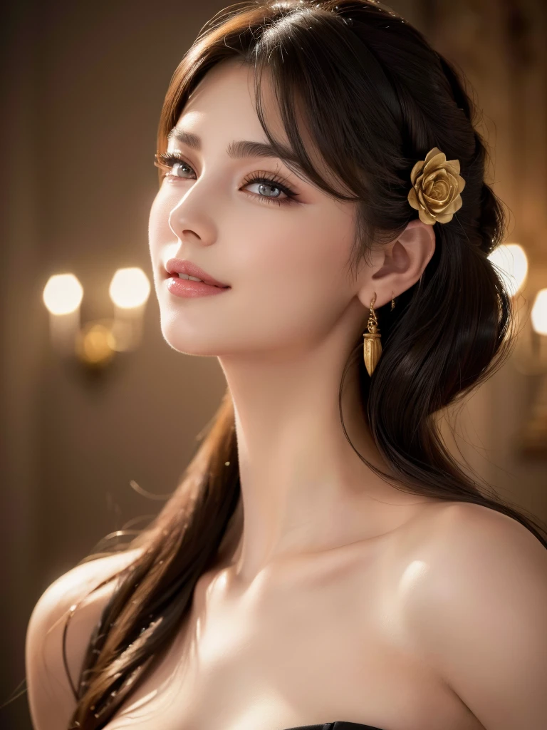 beautiful woman, narrow waist, perfect figure, beautiful eyes, long eyelashes, lustrous lips, perfect body, beautiful skin, (best quality,4K,8K,highres,masterpiece:1.2),ultra-detailed,(realistic,photorealistic,photo-realistic:1.37), cinematic scene, beautiful smile, fashion model, long chestnut hair, attractive clothing, beautiful ornaments、nice black dress