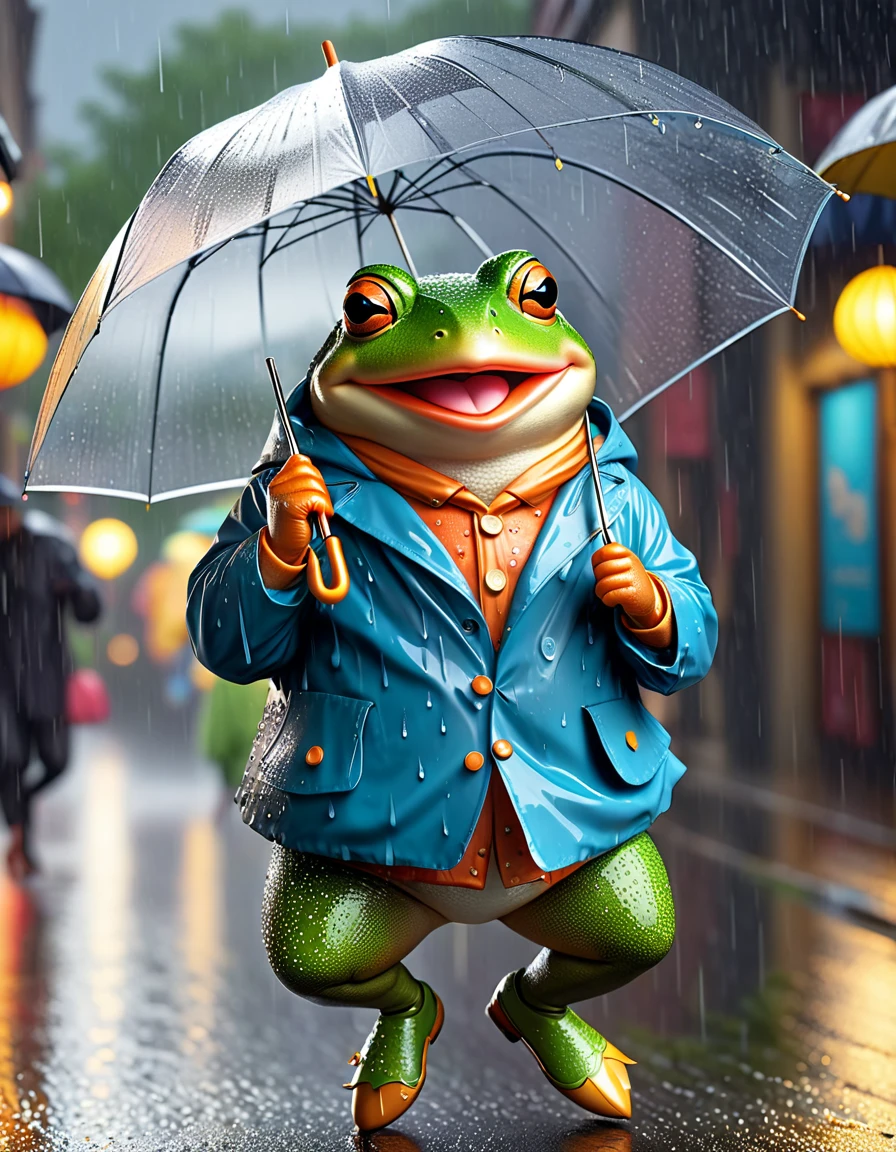 photorealistic portrait of Dressed animals - a ((fat)) ((toad)) dancer,(holding umbrella:2.0), (dynamic dancing:2.0), (jumping in rain :2.0),(happy smile:1.5),high quality,(happy),(lovely) ,intricate details, (heavy rain makes her wet), highly detailed (( hoody rain coat)) ,highly detailed umbrella, Wearing rain coat, , (happy), soft lighting,(full body image:1.5),rainy street background,(viewed from side:2.0),