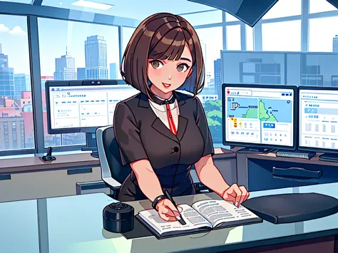 news studio, (((no facele office lady))), brown hair, bob cut, upper body, leading news, small wipe of park, detailed news progr...