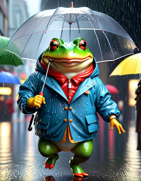 photorealistic portrait of Dressed animals - a ((fat)) ((toad)) dancer,(holding umbrella:2.0), (dynamic dancing:2.0), (jumping i...