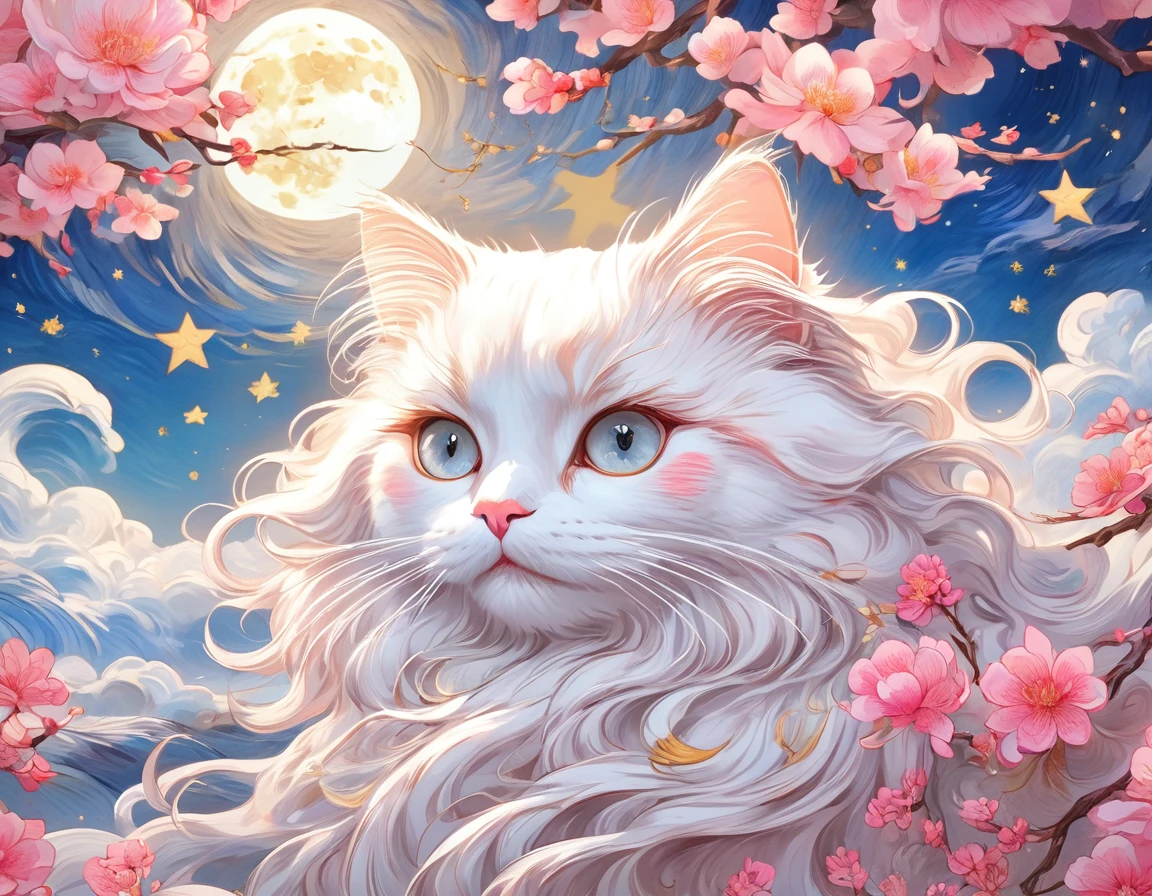 (best quality,4K,8K,High resolution,masterpiece:1.2),Super detailed,actual,Hand drawn style,rough texture,cute cat,Bright Eyes,pretty face,Long fluffy hair,Detailed strands,Exquisite clothing with traditional Chinese style,Accurate anatomy,cloud,Star,moon,flamingo,Exquisite details,texture,Pink and gold color palette,Inspired by the art of Van Gogh,White space between characters.