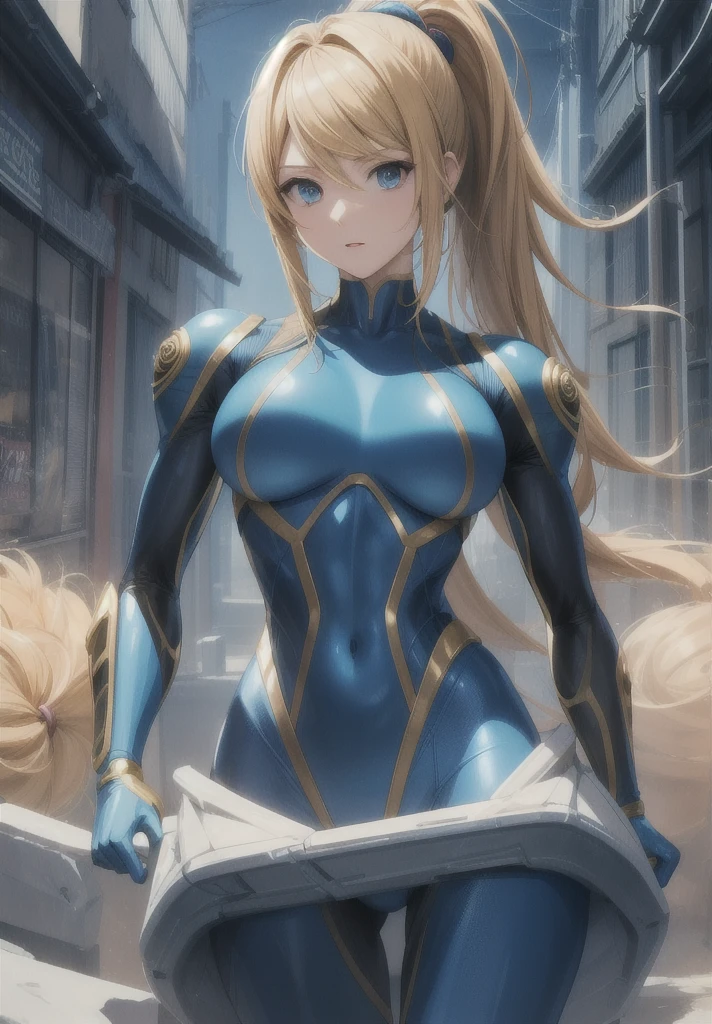 (anime,masterpiece, top quality, best quality,beautiful and aesthetic:1.2,professional illustrasion:1.1,ultra detail:1.3, official art, professional illustrasion, Ultra-detailed depiction, Ultra-precise depiction, extremely detailed 8k illustration, highres, ultra detailed painting, soft shadows), (girl), samus aran \(cosplay\), cool beauty, milf, glossy, (golden long hair), (ponytail), big breasts, perfect body, pubic hair, blue samus aran suit,