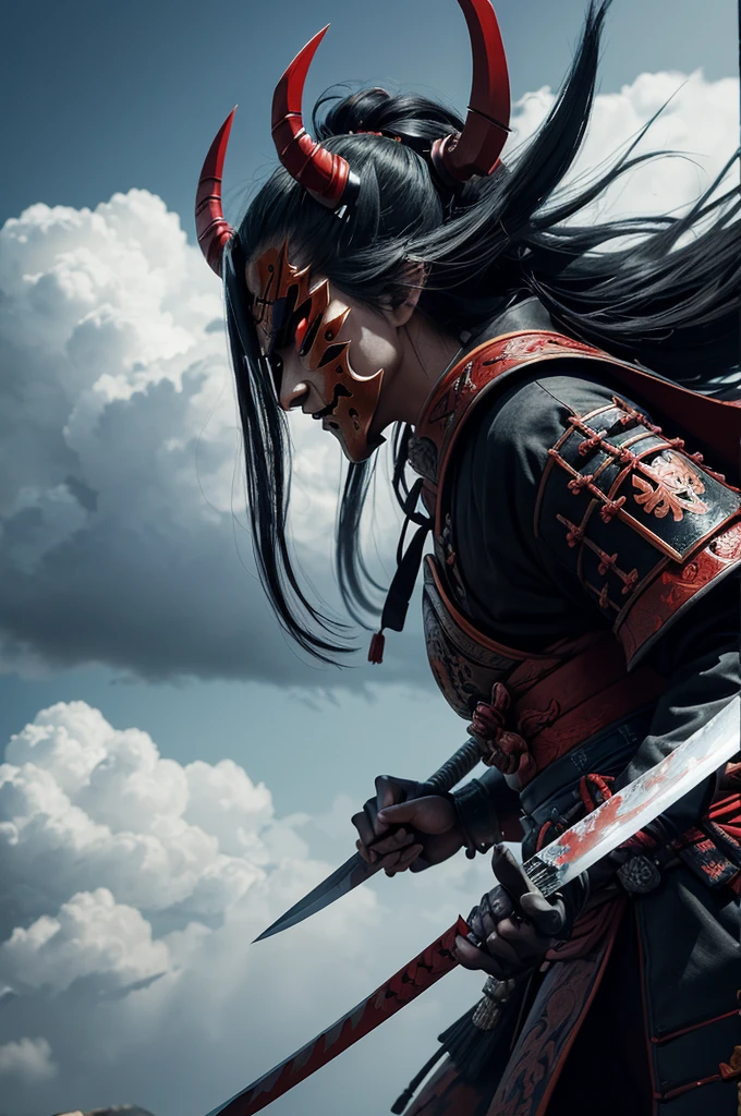 (demon samurai)、(Wearing a demon mask)、solo women、Like the whole body、(Armed with a long sharp knife)、Stand facing the front,magnificent artwork、((Kyoto Panel Painting Style))、Wind-effect:1.9、Cloud Effects:1.2、Full Rendering、Encaustic Painting,unrealengine,