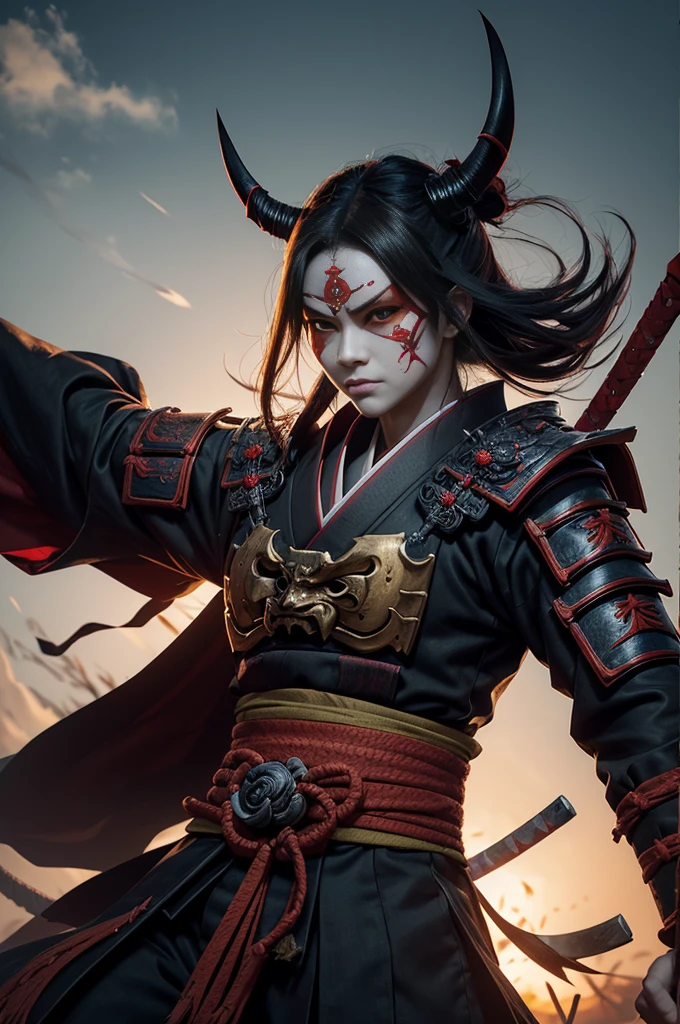 (demon samurai)、(Wearing a demon mask)、solo women、Like the whole body、(Armed with a long sharp knife)、Stand facing the front,magnificent artwork、((Kyoto Panel Painting Style))、Wind-effect:1.9、Cloud Effects:1.2、Full Rendering、Encaustic Painting,unrealengine,