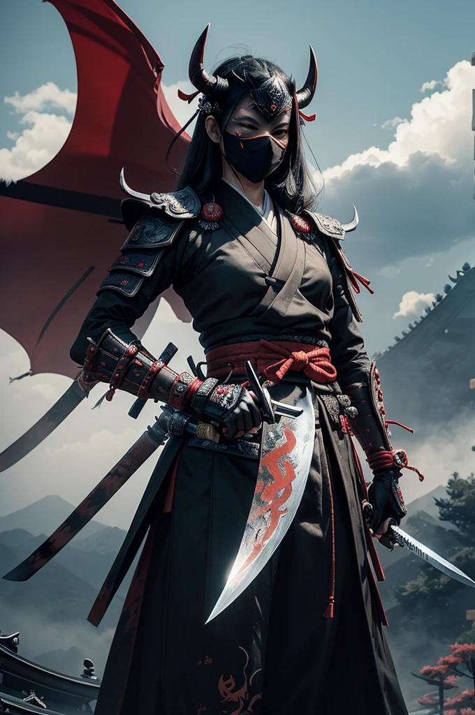 (demon samurai)、(Wearing a demon mask)、solo women、Like the whole body、(Armed with a long sharp knife)、Stand facing the front,magnificent artwork、((Kyoto Panel Painting Style))、Wind-effect:1.9、Cloud Effects:1.2、Full Rendering、Encaustic Painting,unrealengine,