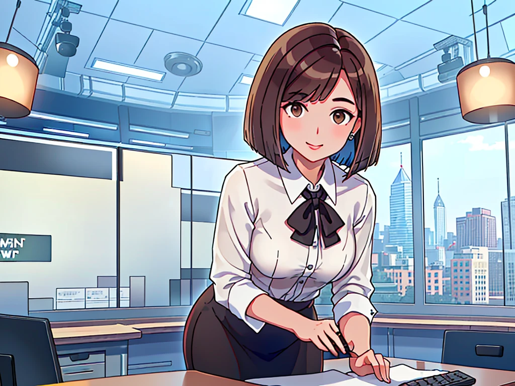 news studio, (((no facele office lady))), brown hair, bob cut, upper body, leading news, small wipe of park, detailed news program, ((from front)), [pixel art]