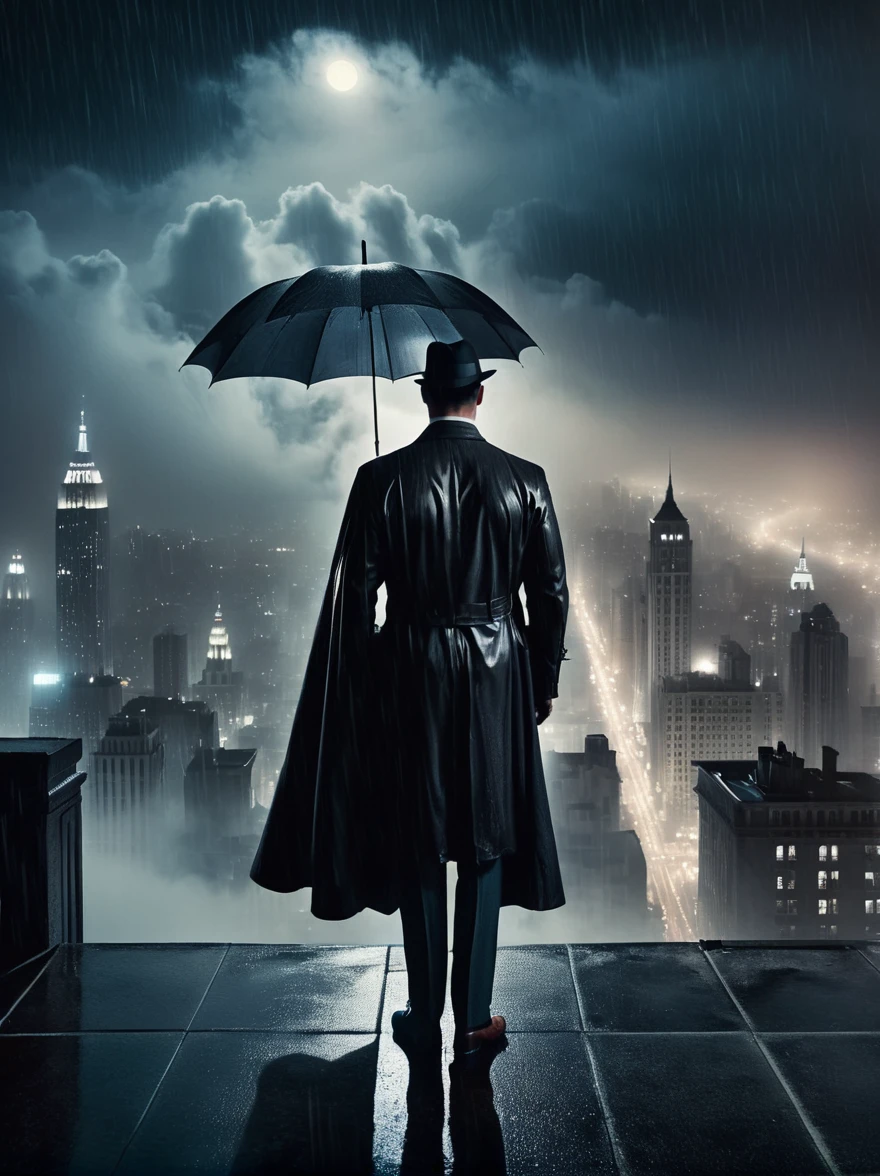 В сильный дождь, загадочный и храбрый мужчина с зонтиком в руках，стою на вершине высокого здания，Окутанный тьмой городской пейзаж в стиле нуар 1940-х годов, сильное телосложение，гламурный，Источая настойчивость, Он носил уникальный костюм，носить струящуюся накидку，Вид на город мрачный и тусклый，Лишь несколько рассеянных огоньков проникают в туманное ночное небо.，Клубящиеся облака закрывают ночное небо，Слабый лунный свет очерчивает эту фигуру и город внизу.