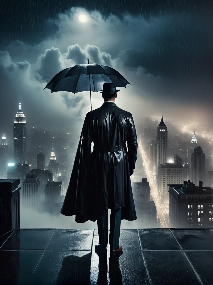 sous la forte pluie, un homme mystérieux et courageux tenant un parapluie，debout au sommet d&#39;un grand immeuble，Enveloppé dans les ténèbres d'un paysage urbain de style film noir des années 1940, strong physique，glamour，Dégageant de la persévérance, Il portait un costume unique，Portant une cape flottante，La vue de la ville est sombre et terne，Seules quelques lumières éparses percent le ciel nocturne brumeux，Des nuages tourbillonnants couvrent le ciel nocturne，Le clair de lune faible dessine cette figure et la ville en contrebas