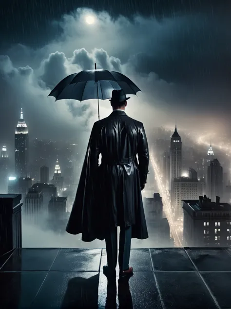 In the heavy rain, a mysterious and brave man holding an umbrella，Standing on top of a tall building，Shrouded in darkness of a 1...
