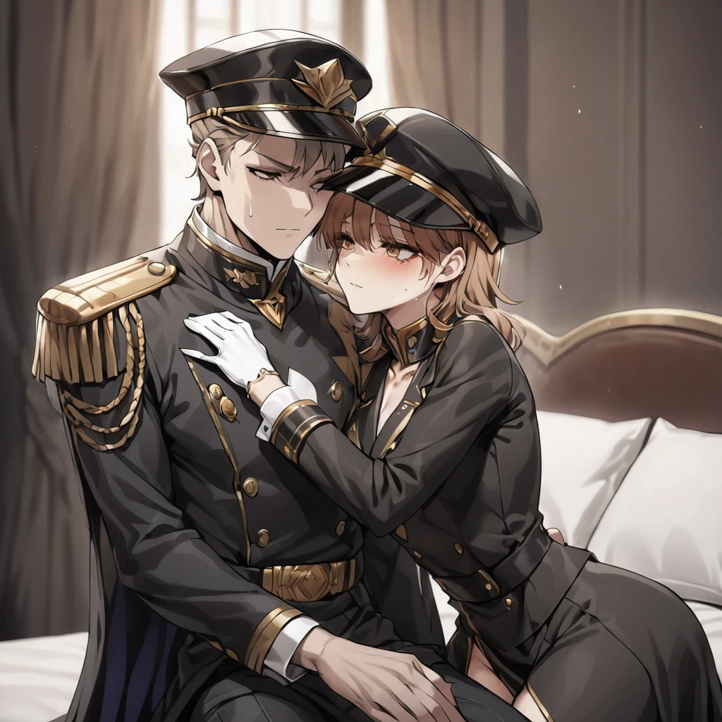 ((Highest quality)), ((masterpiece)), (detailed), （Perfect Face）、The woman is Princess Leona, with medium-long light brown hair, and is wearing a sexy black military uniform and cap for women. In a luxurious room, she is embraced by a strong, dignified, old, male general, who is a villain, and is kissed and loved by him as his mistress.、Women are brainwashed, expressionless, and have no highlights in their eyes.