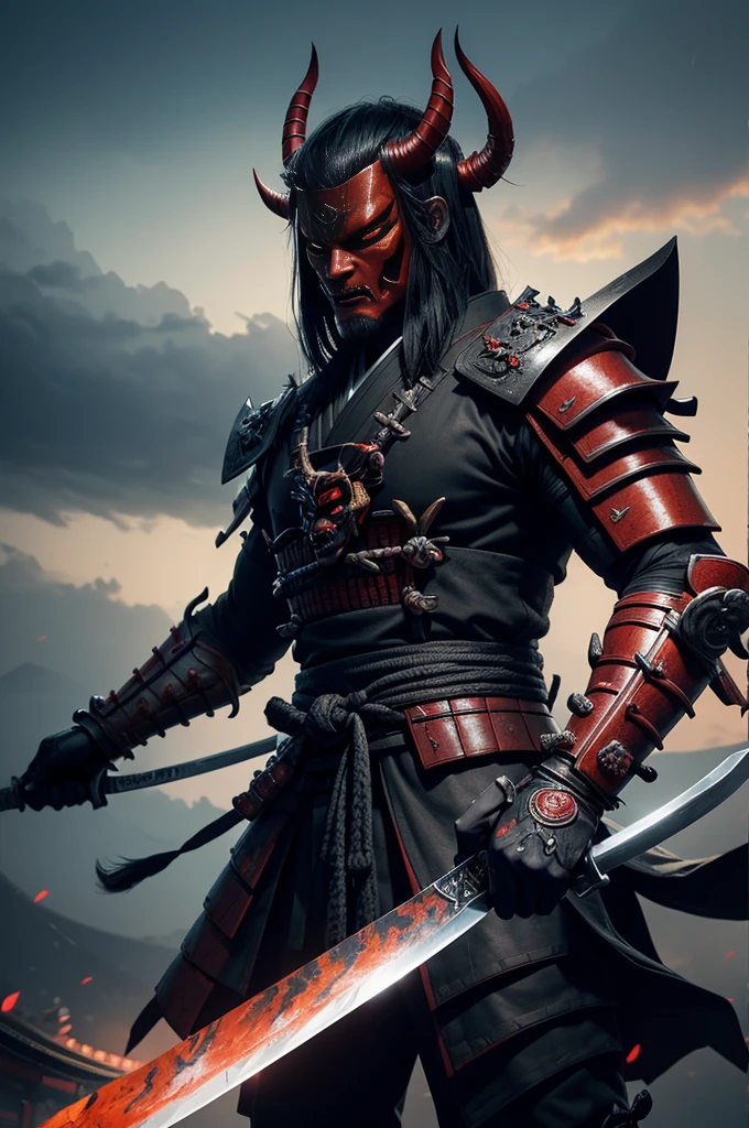 (demon samurai)、(Wearing a demon mask)solo man, glowing eyes、Like the whole body、(Armed with a long sharp knife)、Stand facing the front,magnificent artwork、((Kyoto Panel Painting Style))、Wind-effect:1.9、Cloud Effects:1.2、Full Rendering、Encaustic Painting,unrealengine,