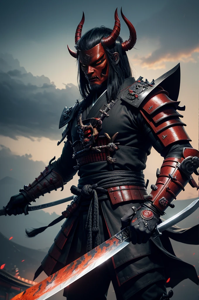 (demon samurai)、(悪魔のマスクをかぶる)手のみ, 光る目、体全体と同じように、(長く鋭いナイフを装備)、正面を向いて立つ,素晴らしい芸術作品、((京都パネル画風))、風の影響:1.9、雲の効果:1.2、フルレンダリング、エンカウスティック絵画,アンリアルエンジン,