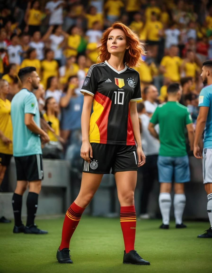 photo originale en pied avec lumière au néon et peinture unique, Drapeau allemand peignant les couleurs sur le visage, Une mignonne femme rousse, elle porte un maillot de foot allemand et des attributs dans les tribunes du stade, pose de célébration de but, Cheveux flottants, visage naturel, éclairage sombre, Ambiance des supporters, effet prisme lensflare, flou de mouvement, style de prise de vue en angle sportif, ultra très détaillé, Peau réaliste, les looks du film, photo prise par Sony A9 avec un objectif large, photo d&#39;Arnau Mas