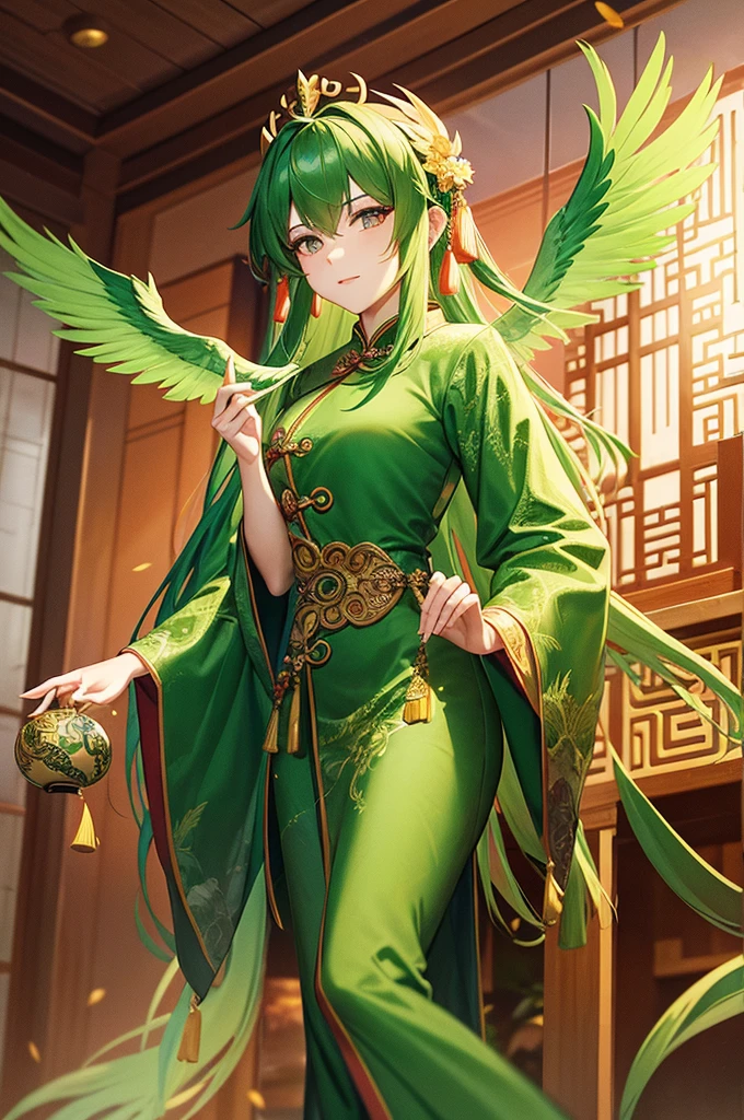 Chinese Queen，Wearing a green phoenix robe，Flirty，wandering，Half-length photo