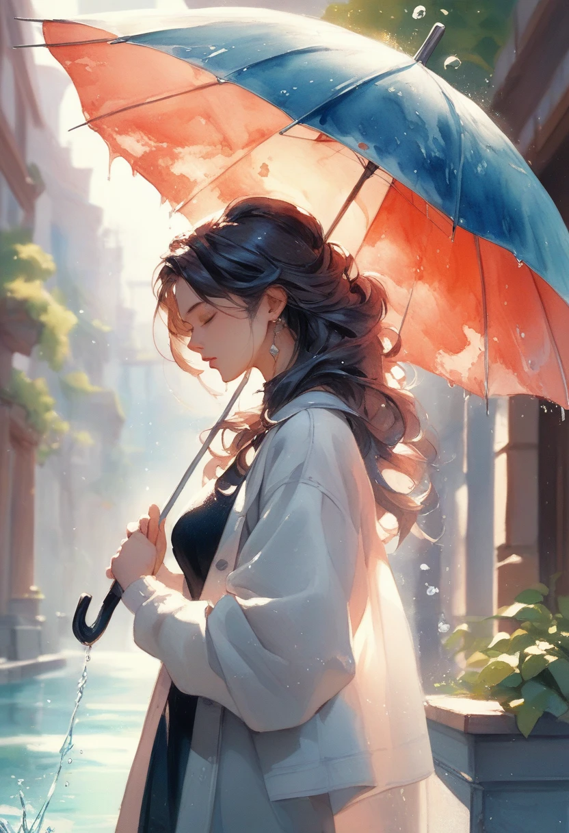 score_9, score_8_up, score_7_up, score_6_up, score_5_up, score_4_up, fusion of watercolor and oil painting, 2.5D, extremely detailed, delicate, flashy and dynamic depiction, beautiful woman holding umbrella and having fun, like a scene from a movie, Iridescent rain pouring down, water splashing, sunlight spilling through the gaps in the clouds, sparkling effects