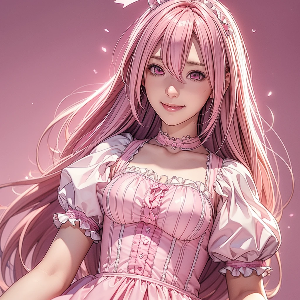 1 Mädchen, Spiel-CG, pink frilly dirndl, Haarband, riesige Brüste, pinkes Haar, lange Haare, glattes Haar, ahoge, rosa Augen, lächeln, offener Mund, Valentinstag,