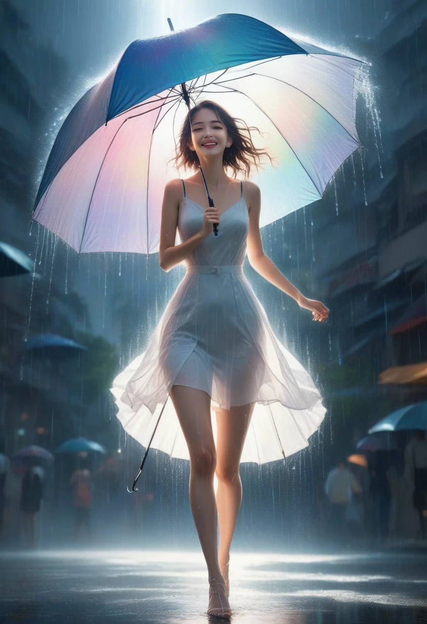 score_9, score_8_up, score_7_up, score_6_up, score_5_up, score_4_up, 2.5D, extremely detailed, delicate, flashy and dynamic depiction, beautiful woman holding umbrella and having fun, like a scene from a movie, Iridescent rain pouring down, water splashing, sunlight spilling through the gaps in the clouds, sparkling effects