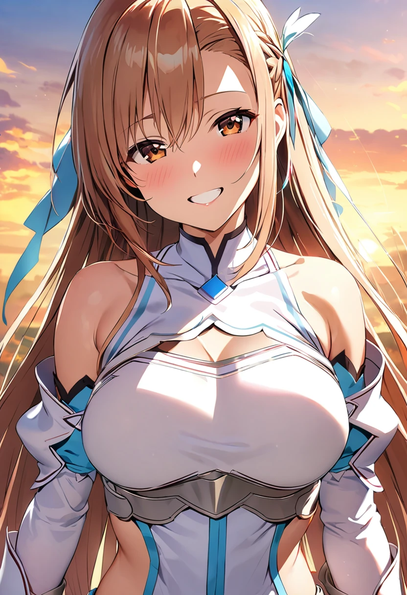 ((masterpiece)), Highest quality, Very detailed,(One Girl),Yuki Asuna、Asuna (stay), brown eyes, bare shoulders, breastplate, armor, detached sleeves, gloves, white gloves, (red and white dress), Long Hair, A radiant smile, Beautiful background ,Clothing,  chest, (((aroused))), (((in heat))), 