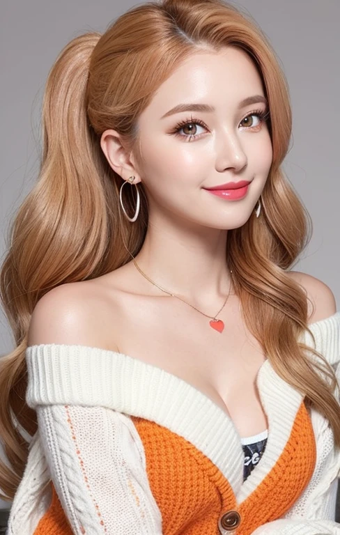 Portrait of a sweet casual look hairstyle for spring and summer, a close up of a realistic person with a cute face and a round cheeks, hair over one eye, orange and orange-yellow gradient hair color, long sideburns, layered shoulder length hair cascading down her shoulders, (Wavy hair:1.3), high ponytail, happy smile with showing theeth, Makeup with peach-pink lips, rosy checks, shiny eyeshadow, winged eyeliner, It creates a bright and fun appearance, colorful cleavage cutout sweater with heart print, off shoulder cropped red houndstooth cardigan:1.4, Piercing of hearts up to the shoulder, black-framed_eyewear, Layered bracelets, necklace
