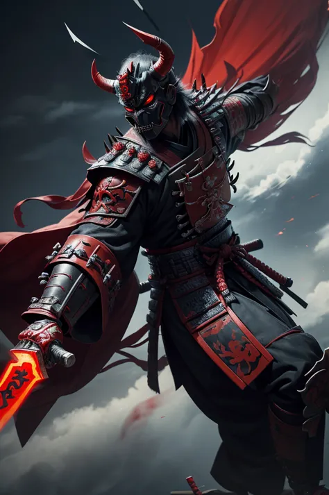 (demon samurai)、(Wearing a demon mask)solo man, glowing red eyes、Like the whole body、(Armed with a long sharp knife)、detailed ha...