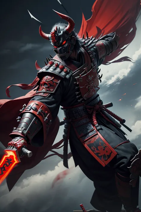 (demon samurai)、(wearing a demon mask)solo man, glowing red eyes、like the whole body、(armed with a long sharp knife)、detailed ha...