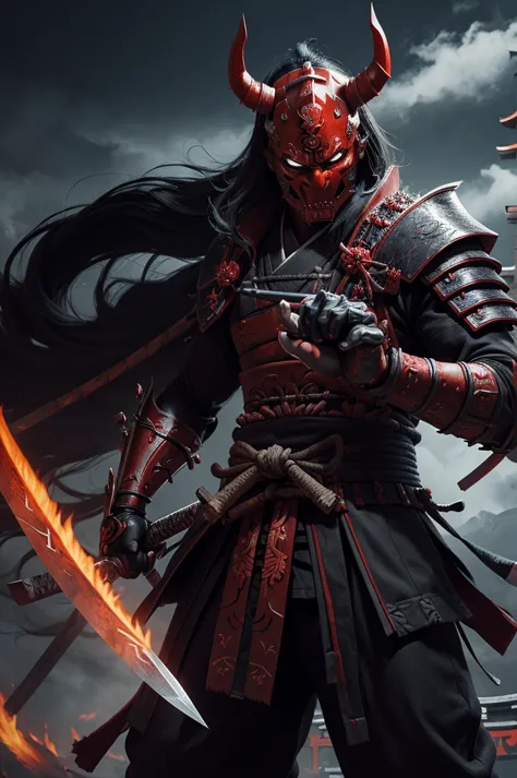 (demon samurai)、(Wearing a demon mask)solo man, glowing red eyes、Like the whole body、(Armed with a long sharp knife)、detailed ha...