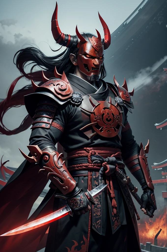 (demon samurai)、(Wearing a demon mask)solo man, glowing red eyes、Like the whole body、(Armed with a long sharp knife)、detailed hands,Stand facing the front,magnificent artwork、((Kyoto Panel Painting Style))、Wind-effect:1.9、Cloud Effects:1.2、Full Rendering、Encaustic Painting,unrealengine,