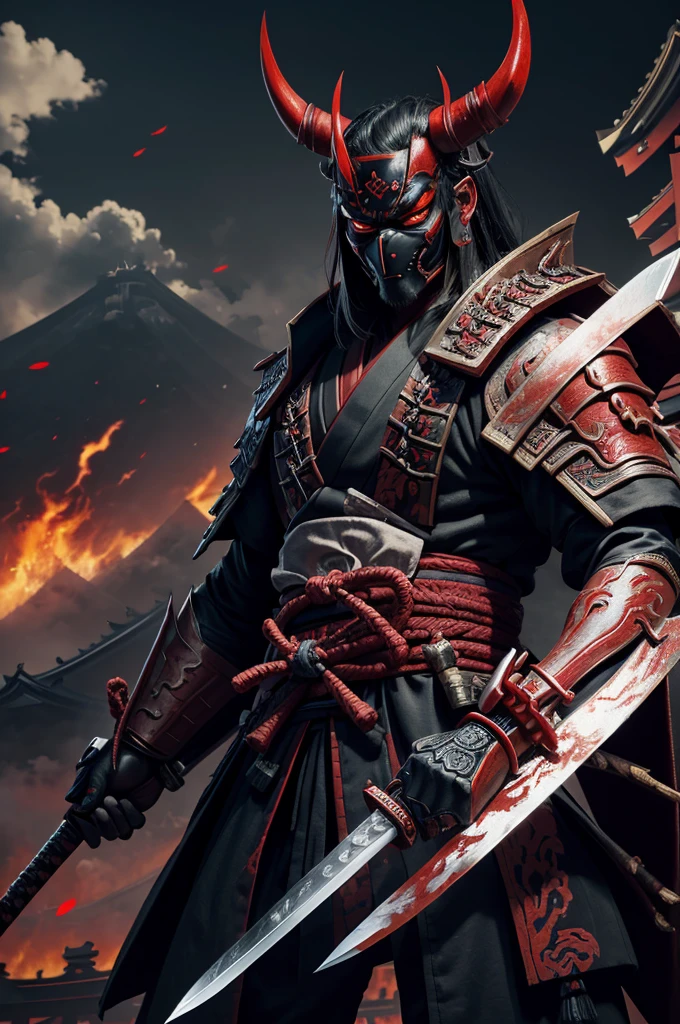 (demon samurai)、(Wearing a demon mask)solo man, glowing red eyes、Like the whole body、(Armed with a long sharp knife)、detailed hands,Stand facing the front,magnificent artwork、((Kyoto Panel Painting Style))、Wind-effect:1.9、Cloud Effects:1.2、Full Rendering、Encaustic Painting,unrealengine,