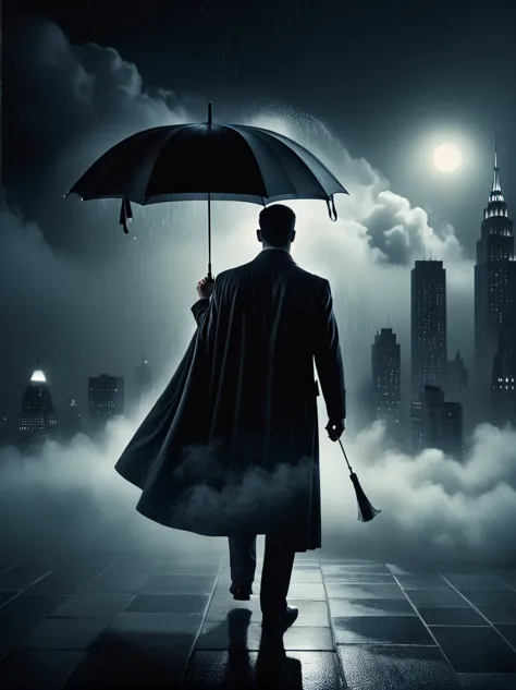 In the heavy rain, a mysterious and brave man holding an umbrella，(Umbrella: 1.5), standing on top of a tall building, shrouded ...