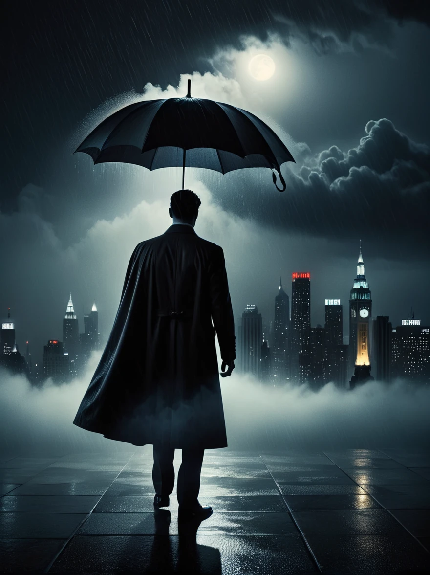 大雨の中, 傘を持った神秘的で勇敢な男，(傘: 1.5), 高層ビルの上に立つ, 1940年代のノワール風の街並みの暗闇に包まれた, しっかりした造り, カリスマ的な, そしてストイックな態度を醸し出す, 彼は特徴的な衣装となびくケープを身に着けている, 街並みは暗く薄暗い, 霧のかかった夜空に散らばるわずかな光だけが, 夜空を覆う渦巻く雲, そして、かすかな月明かりがその人物と下の街の輪郭を描いている, (明暗法, 映画照明, 影を落とす, フィルムグレイン, 解剖学的に正しい, 正確な, 受賞歴, 高解像度, 8k)