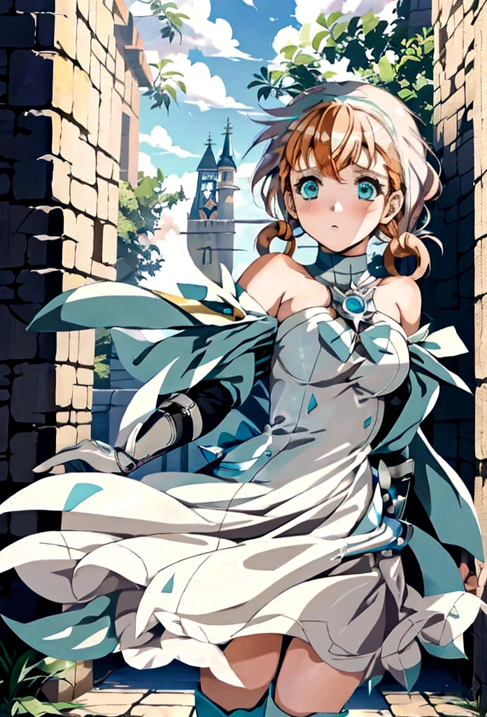 artwork, best qualityer, 2d anime style, White girl, medium length hair,Twin Tails Hair, light orange redhead, blush cheeks, turquoise eyes, long white dress with light blue details, silver details, sleeveless, elbow gloves, light blue scarf, waist belt, docile expression, medieval theme, RPG, fundo do castelo, sky appearing, holding a white scepter with blue details. fully body, conceptual artwork, Brown boots
