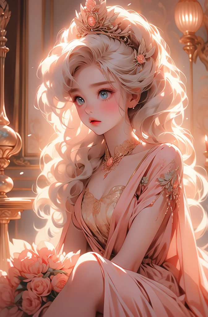 White Blonde hair, fluffy hair, stylish hair, long hair, lilac eyes, perfect eyes, beautiful, perfect face, tween, dainty , short, kind, curvy, a flowing pale airy gown with ruffles along the bottom with tiny pink flowers and gold dragon embroideries with flowers, Her tiara had a pretty teal gemstones, silver necklace, noble class, royal, royalty, red castle, feasting hall, medieval, elegant surroundings, soft dewy makeup look, light peach blush, soft tan eyeshadow, light coral lipstick, cutesy, girlish, girly, guileless, ingénue, princess , whimsical lighting, Targaryen, dragons in the sky, photorealistic
