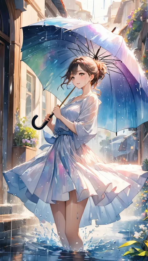 fusion of watercolor and oil painting, best quality, super fine, 16k, incredibly absurdres, 2.5D, extremely detailed, delicate, flashy and dynamic depiction, beautiful woman holding umbrella and having fun, like a scene from a movie, Iridescent rain pouring down, water splashing, sunlight spilling through the gaps in the clouds, sparkling effects