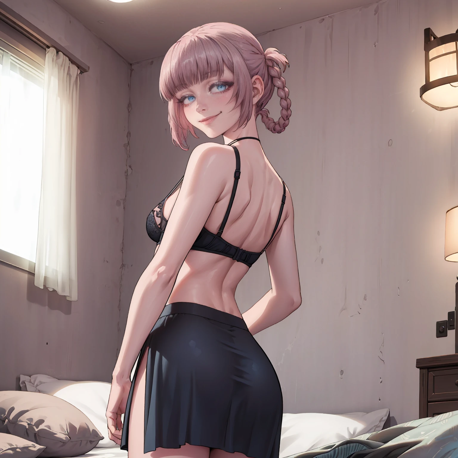 NanakusaNazuna, ((pink hair, short hair, blunt bangs, braid, hair rings, glowing blue eyes, makeup, narrow waist, skinny, medium breasts)), pelvic curtain, ((black panties, black bra), full body, perfect body, (insanely detailed, beautiful detailed face, masterpiece, best quality) , (((solo))), (((1girl))), (((mature))), (extremely detailed 8k paper CG wall unit: 1.1), (bed, bedroom, night), (smile face for the viewer), underbutt, behind, from back, Arms crossed