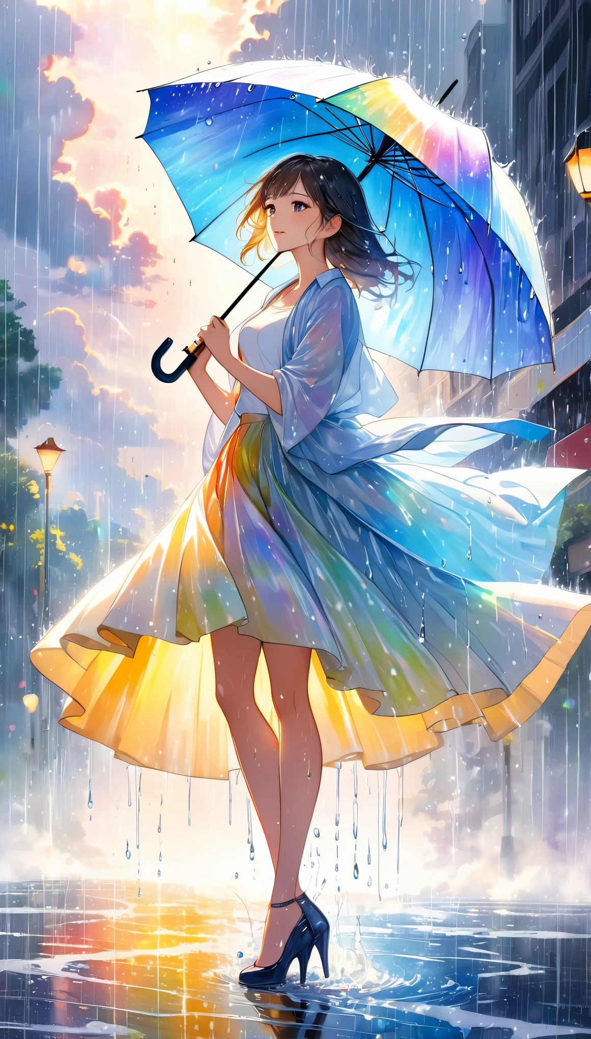 fusion of watercolor and oil painting, best quality, super fine, 16k, incredibly absurdres, 2.5D, extremely detailed, delicate, flashy and dynamic depiction, beautiful woman holding umbrella and having fun, like a scene from a movie, Iridescent rain pouring down, water splashing, sunlight spilling through the gaps in the clouds, sparkling effects