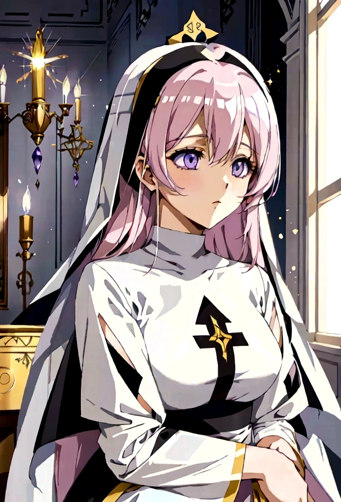 Create a best quality anime style art image of a white woman with long pastel pink hair. She has bangs and purple eyes. She is a nun (nun) dressed in royal clothes in black tones, offwhite, full of golden details. She is praying with a serious expression on her face. The background must be illuminated by a holy light, with light particles floating in the air, to create a serene and spiritual environment.
