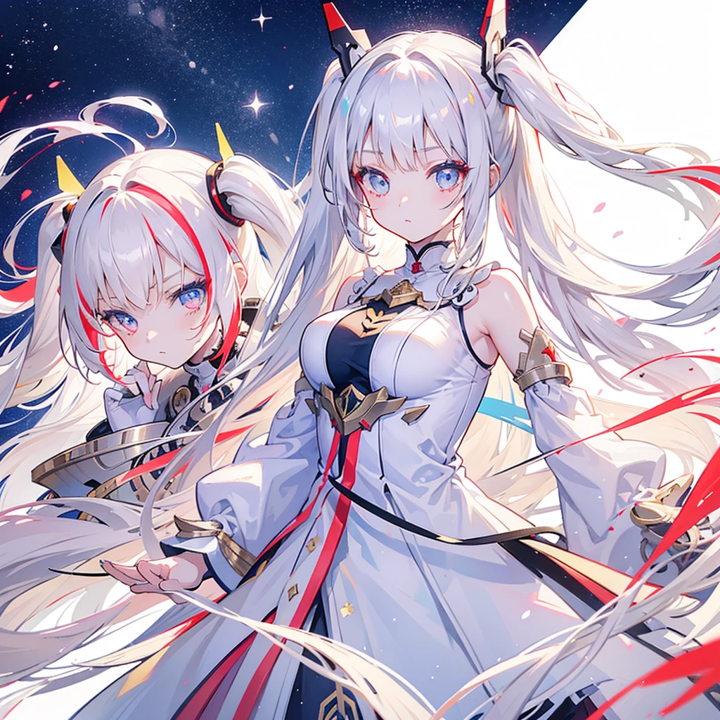 Two girls, one with beige hair and red eyes, the other with white hair and blue eyes, twin tails, long hair, white background, colorful pastel stars, light, high quality, mecha musume, Colorful portraits