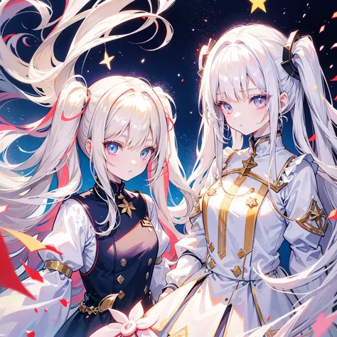 Two girls, one with beige hair and red eyes, the other with white hair and blue eyes, twin tails, long hair, white background, c...