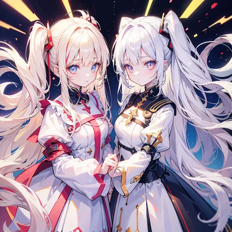 Two girls, one with beige hair and red eyes, the other with white hair and blue eyes, twin tails, long hair, white background, c...