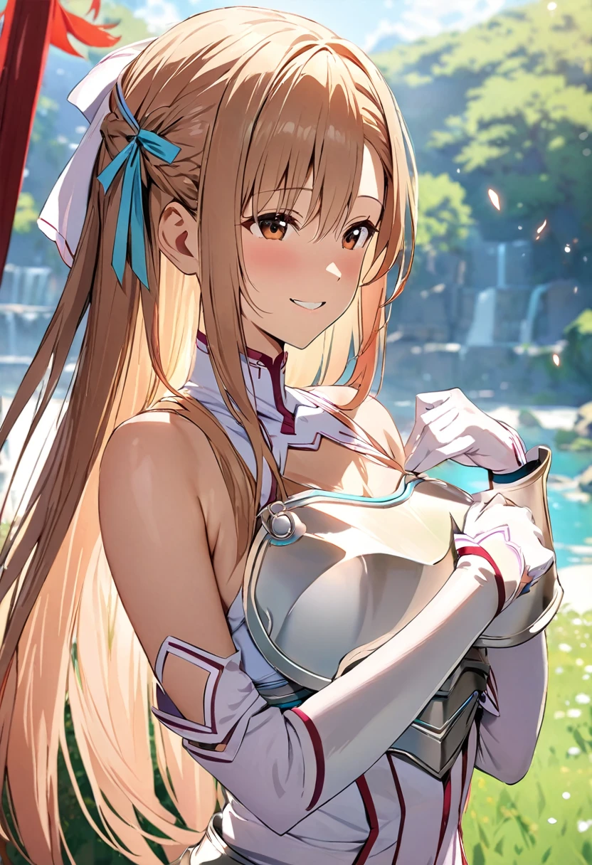 ((masterpiece)), Highest quality, Very detailed,(One Girl),Yuki Asuna、Asuna (stay), brown eyes, bare shoulders, breastplate, armor, detached sleeves, gloves, white gloves, (red and white dress), Long Hair, smile, Beautiful background ,Clothing,  chest, (((aroused))), (((in heat))), 