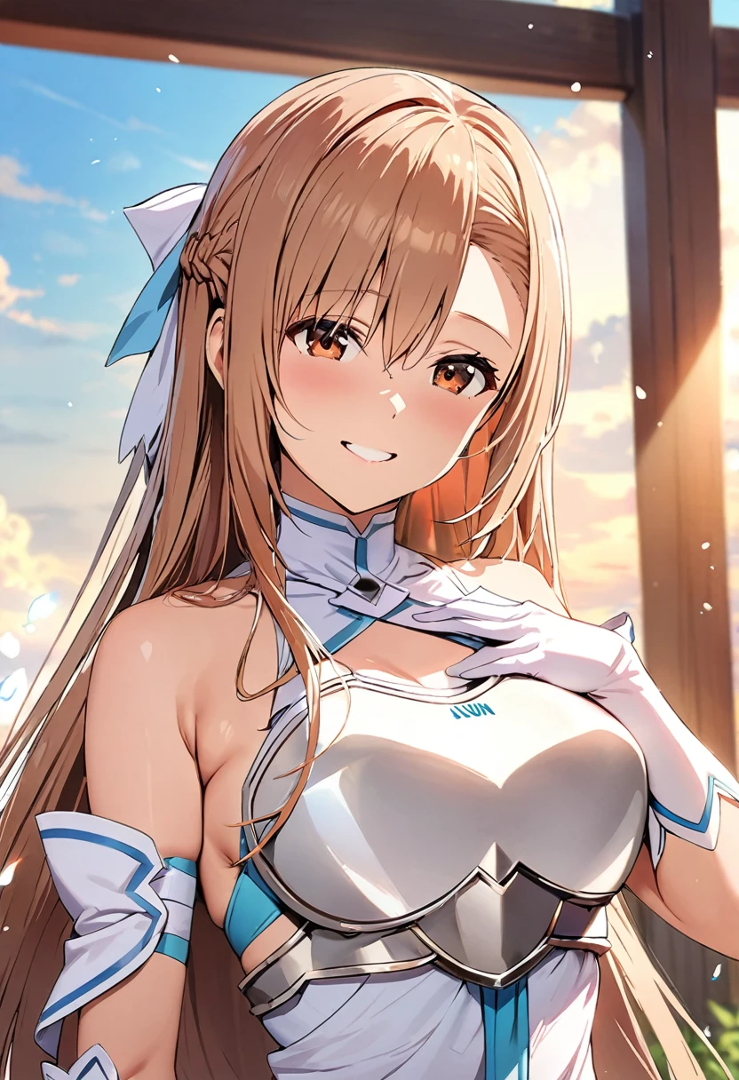 ((masterpiece)), Highest quality, Very detailed,(One Girl),Yuki Asuna、Asuna (stay), brown eyes, bare shoulders, breastplate, armor, detached sleeves, gloves, white gloves, (red and white dress), Long Hair, smile, Beautiful background ,Clothing,  chest, (((aroused))), (((in heat))), 